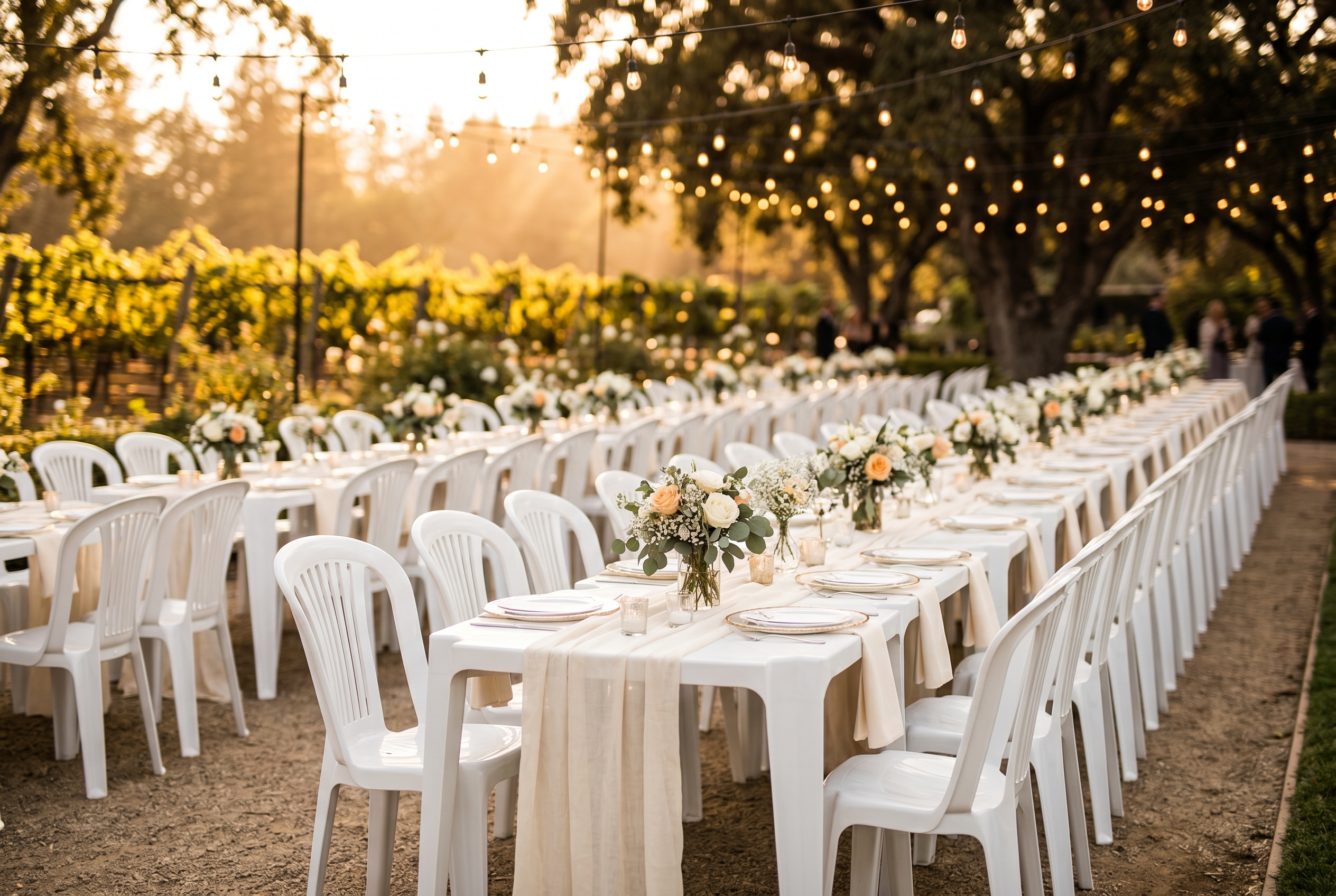 Evento elegante com mesas e cadeiras organizadas